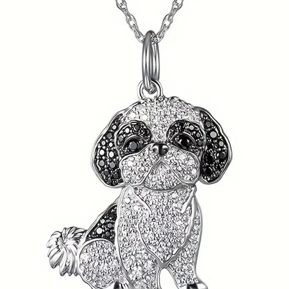 Shih Tzu Pet Lovers Dog Breed Puppy Owners Rhodium Sterling Silver CZ Necklace - Picture 9 of 9